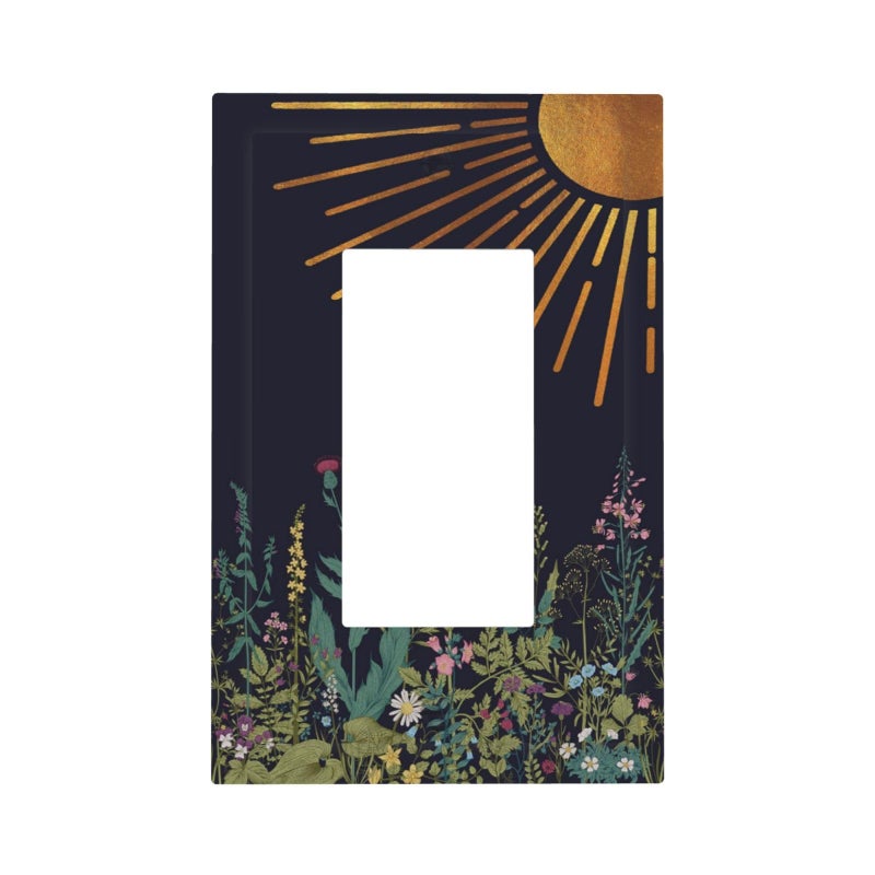 Spshian Decorative Outlet Covers Boho Wildflowers Botanical Mid Century Golden Sun Unique 1 Gang Single Decora GFCI Device Light Switch Covers Plate 1 Rocker Wall Plate Jumbo Switch Plate Cover