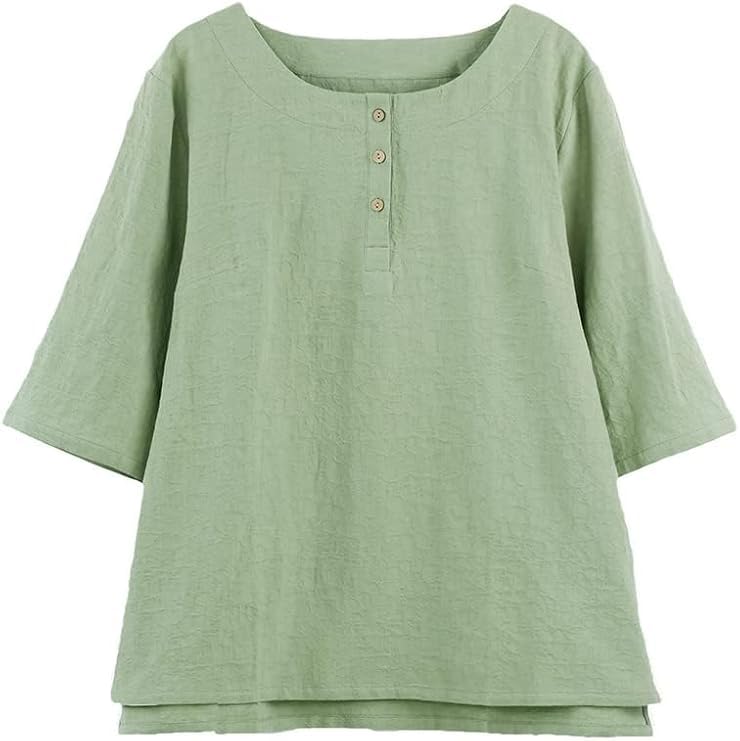 Minibee Women's 3/4 Sleeve Cotton Linen Jacquard Blouses Top T-Shirt(Army Green 2XL) - Image 3