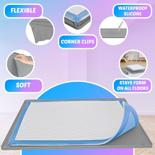 Skywin TidyFriend Dog Pee Pad Holder Tray Fits for 28” x 34” Pee Pads with Corner Lock Holes, Raised Edges, Non-Spill, Easy to Clean Silicone Dog Potty Tray Holder, for Indoor Floor Protection (Light Grey) - Image 4