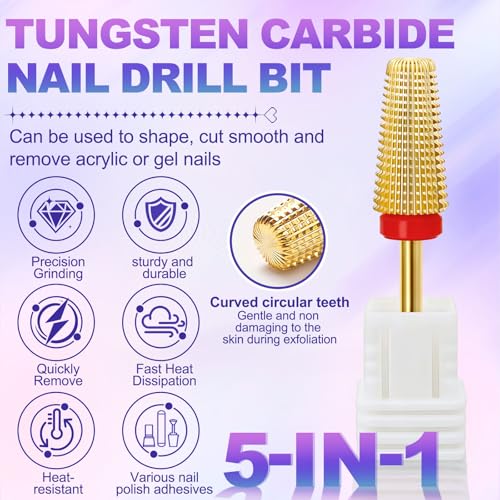 FANTEXY 5-in-1 Tungsten Carbide Nail Drill Bit, 3/32" Gel Polish Remover Drills Bit,Cone Tungsten Drill Bits Set Nail File, Professional Tungsten Steel Nail Drills Tip for Acrylic Gel Nails (Fine-F) - Image 2