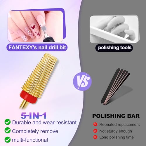 FANTEXY 5-in-1 Tungsten Carbide Nail Drill Bit, 3/32" Gel Polish Remover Drills Bit,Cone Tungsten Drill Bits Set Nail File, Professional Tungsten Steel Nail Drills Tip for Acrylic Gel Nails (Fine-F) - Image 5
