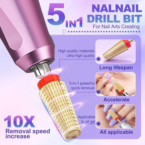 FANTEXY 5-in-1 Tungsten Carbide Nail Drill Bit, 3/32" Gel Polish Remover Drills Bit,Cone Tungsten Drill Bits Set Nail File, Professional Tungsten Steel Nail Drills Tip for Acrylic Gel Nails (Fine-F) - Image 3