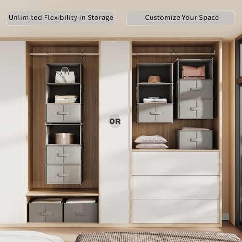 Vailando 6-Tier Hanging Shelves for Closet, Two 3-Shelf Hanging Closet Organizer w/ 4 Side Pockets and 3 Drawers, Combinable for Dorm Wardrobe Organizer and RV Storage and Organization - Image 2