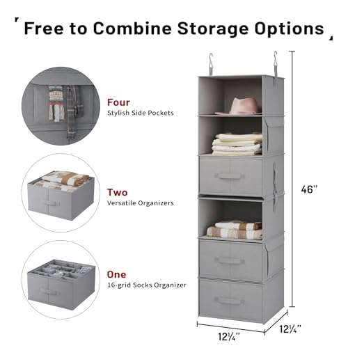 Vailando 6-Tier Hanging Shelves for Closet, Two 3-Shelf Hanging Closet Organizer w/ 4 Side Pockets and 3 Drawers, Combinable for Dorm Wardrobe Organizer and RV Storage and Organization - Image 5