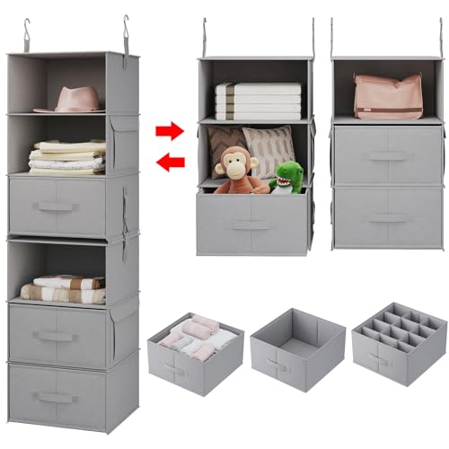 Vailando 6-Tier Hanging Shelves for Closet, Two 3-Shelf Hanging Closet Organizer w/ 4 Side Pockets and 3 Drawers, Combinable for Dorm Wardrobe Organizer and RV Storage and Organization - Image 1
