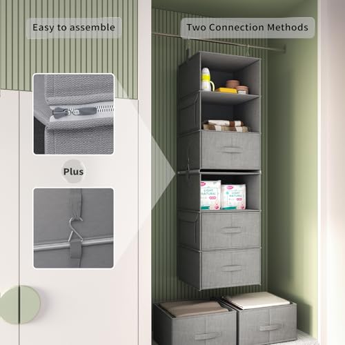Vailando 6-Tier Hanging Shelves for Closet, Two 3-Shelf Hanging Closet Organizer w/ 4 Side Pockets and 3 Drawers, Combinable for Dorm Wardrobe Organizer and RV Storage and Organization - Image 3