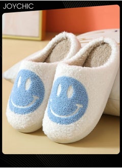 Joychic Autumn Winter Warm Smiley Face Designed Bedroom Slippers White/Blue for Women/Men  - Image 4