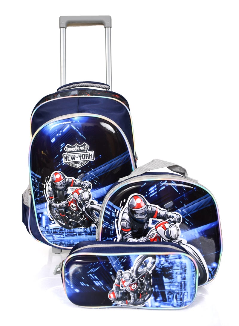 MORANO Boys School Rolling Trolley Bag with Pencil Case and Lunch Box Size 14" - Navy Blue  - Image 1