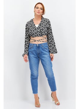 Violet Romance Women Surplice Neck Long Sleeve Checkered Crop Top, Black  - Image 3