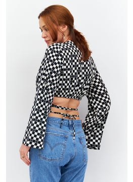 Violet Romance Women Surplice Neck Long Sleeve Checkered Crop Top, Black  - Image 2