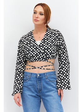 Violet Romance Women Surplice Neck Long Sleeve Checkered Crop Top, Black  - Image 1