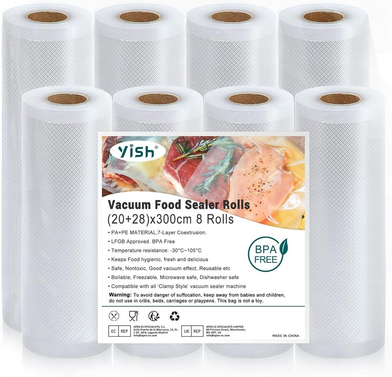 YISH Vacuum Bag Vacuum Film Vacuum Bag Food Vacuum Film Rolls: Vacuum Bag for Sous Vide Foil Rolls for Vacuum Sealer 8 Rolls 20/28 x 300 cm Foils, BPA-Free - Image 1