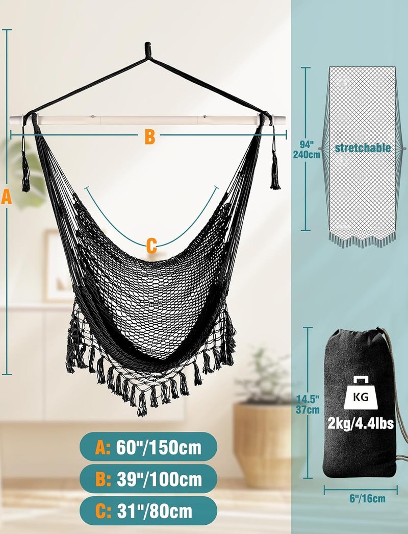 Chihee Hammock Chair Super Large Soft-Spun Cotton Rope Weaving Hanging Chair, Collapsible Strong Metal Spreader Bar Wide Seat Lace Stretch Swing Chairs Indoor Outdoor Garden Yard Theme Decoration - Image 4