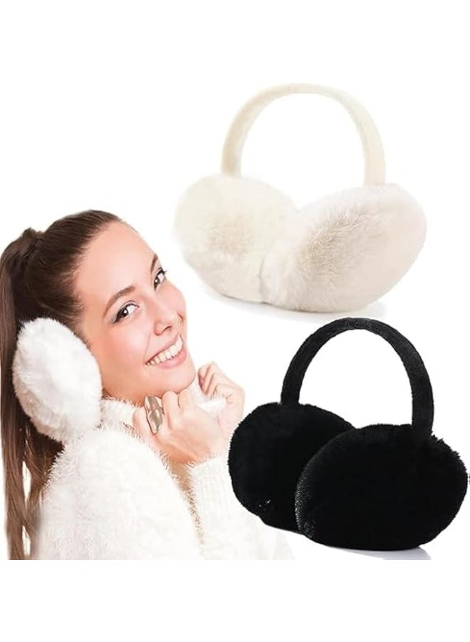 ChicAbode 2 Pack Winter Ear Muffs for Men Women, Foldable Cold Weather Earmuffs, Fleece Warm Ear Warmers, Behind The Head Ear Muffs, Fuzzy Cold Outdoor Earmuffs, Headband Ear Covers, Black, Beige - Image 1