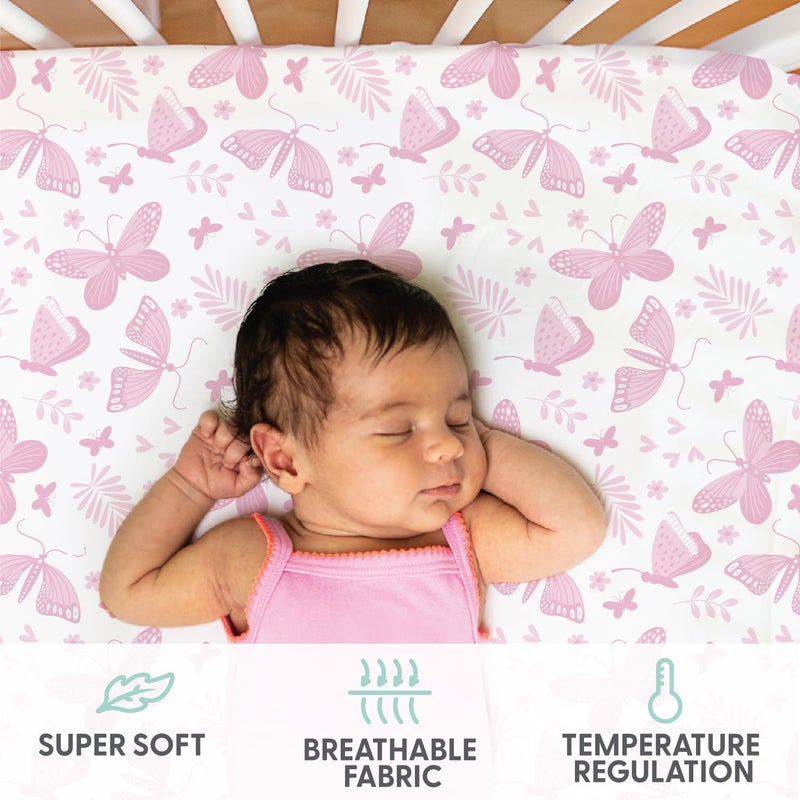 The Peanut Shell The Peanutshell Baby Girl Crib Sheets, Fitted, Breathable, Soft, Crib Bedding Set for Girls, Crib Mattress Sheet, Pink Butterfly Nursery Decor - Image 2