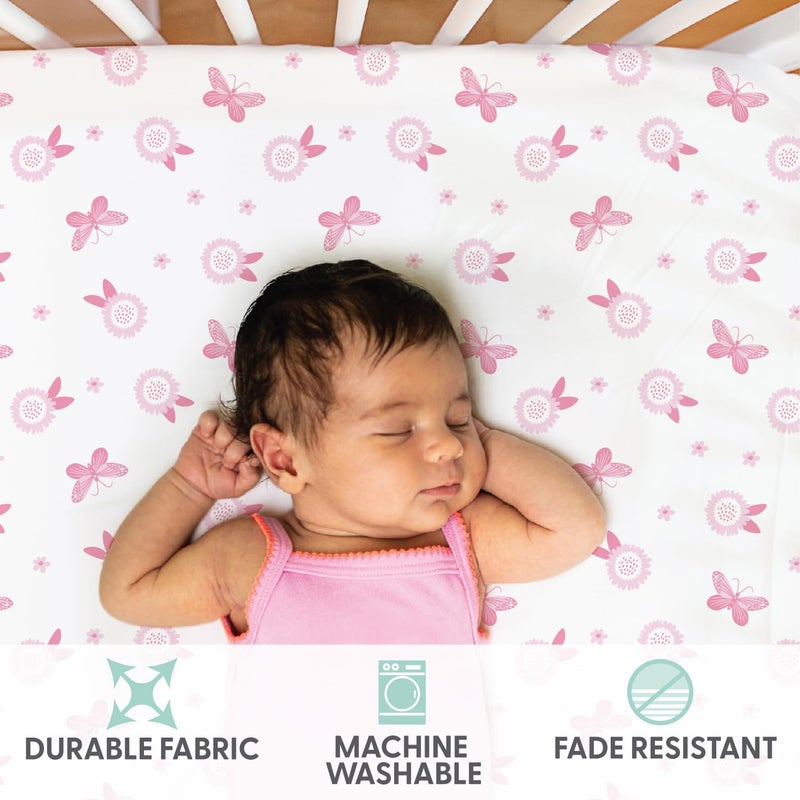 The Peanut Shell The Peanutshell Baby Girl Crib Sheets, Fitted, Breathable, Soft, Crib Bedding Set for Girls, Crib Mattress Sheet, Pink Butterfly Nursery Decor - Image 3