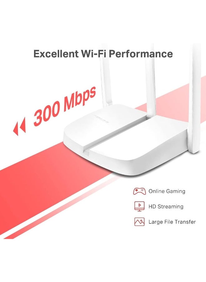 MERCUSYS N300 Multi-Mode Wi-Fi Router
SPEED: 300 Mbps at 2.4 GHz
SPEC: 3× Fixed External Antennas, 3× 10/100 Mbps LAN Ports, 1× 10/100 Mbps WAN Port
FEATURE: MERCUSYS APP, Router/Access Point/Range Extender/WISP Mode, WPS/Reset Button, IPTV, IPv6, Parental Controls, Guest Network, Easy Installation, ISP Preset (Agile Config) White - Image 3