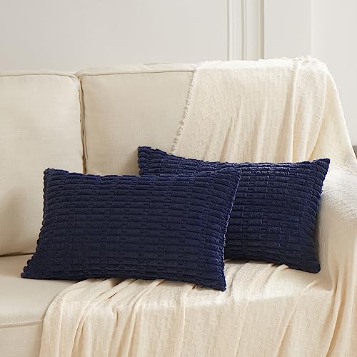 Fancy Homi Pack of 2 Navy Blue Lumbar Decorative Throw Pillow Covers 12x20 Inch for Living Room Couch Bedroom Soft Corduroy Rectangle Solid Cushion Case 30x50 cm Rustic Farmhouse Boho Home Decor - Image 1
