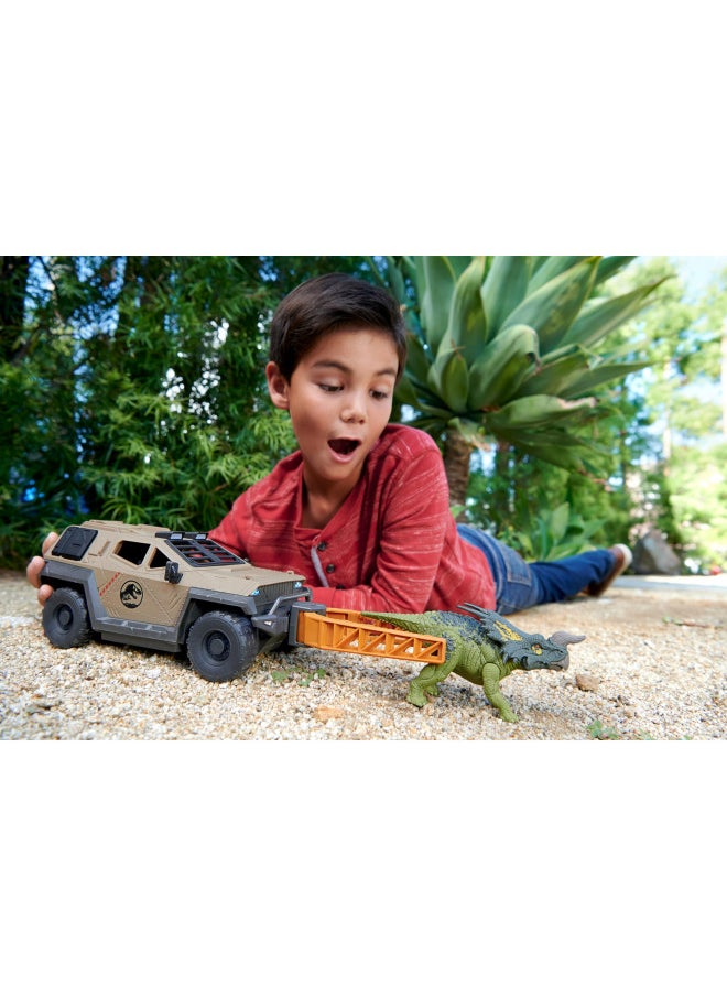 Mattel Games - Mattel Jurassic World Truck & Einiosaurus Dinosaur Action Figure Toy Set with Flip & Roll Feature, Mission Mayhem Vehicle for Dino & Destruction Play - Image 1
