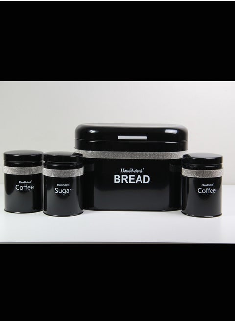 A set of sugar, tea and coffee storage jars with a bread holder box