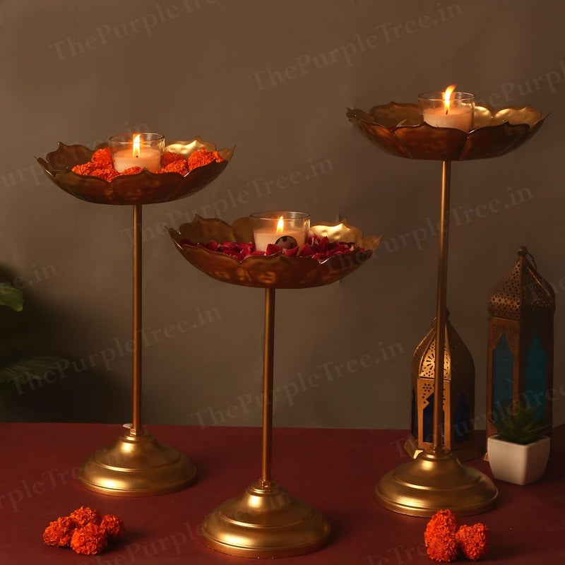 The Purple Tree Beautiful Handcrafted Lotus Urli Bowl With Stands Diwali Pack Of 3 30 Cm Decorative Bowl With Stands Floating Flowers And Tea Light Candles Home Urli Stand Tealight Holder Golden - Image 3