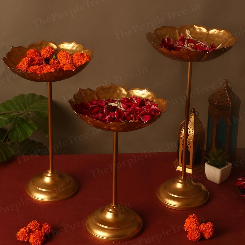 The Purple Tree Beautiful Handcrafted Lotus Urli Bowl With Stands Diwali Pack Of 3 30 Cm Decorative Bowl With Stands Floating Flowers And Tea Light Candles Home Urli Stand Tealight Holder Golden - Image 4