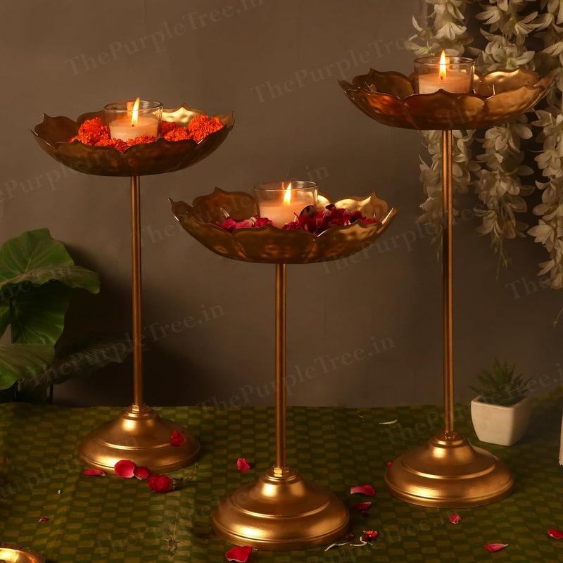 The Purple Tree Beautiful Handcrafted Lotus Urli Bowl With Stands Diwali Pack Of 3 30 Cm Decorative Bowl With Stands Floating Flowers And Tea Light Candles Home Urli Stand Tealight Holder Golden - Image 2