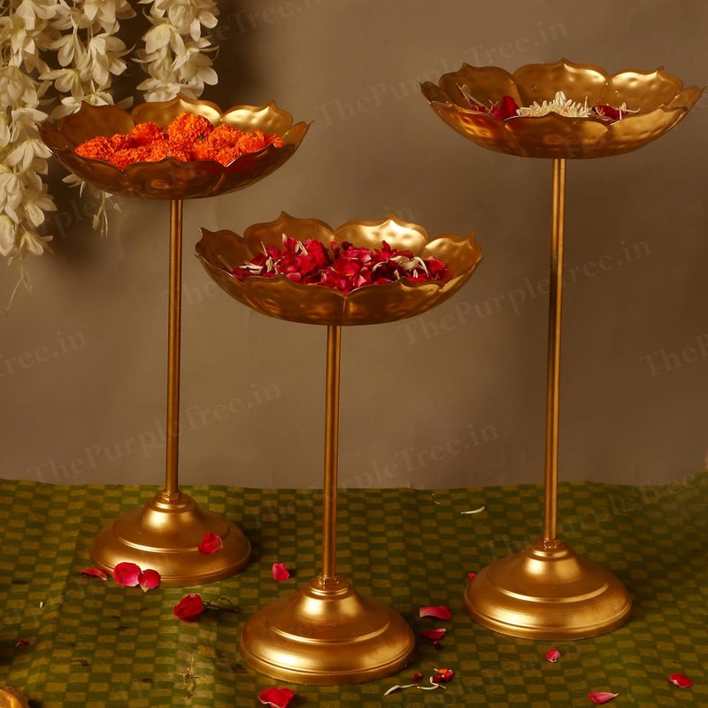 The Purple Tree Beautiful Handcrafted Lotus Urli Bowl With Stands Diwali Pack Of 3 30 Cm Decorative Bowl With Stands Floating Flowers And Tea Light Candles Home Urli Stand Tealight Holder Golden - Image 1