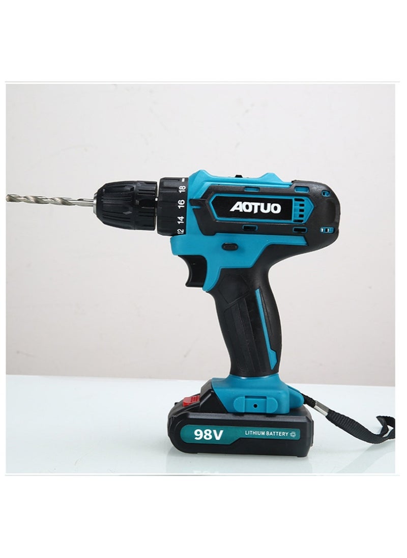 AOTUO - 98V cordless drill, two lithium-ion batteries and fast charger, 3/8-inch drill kit, 25+ 3-position clutch, LED work light, variable speed drill, 256 pounds of torque, 24 accessories - Image 1