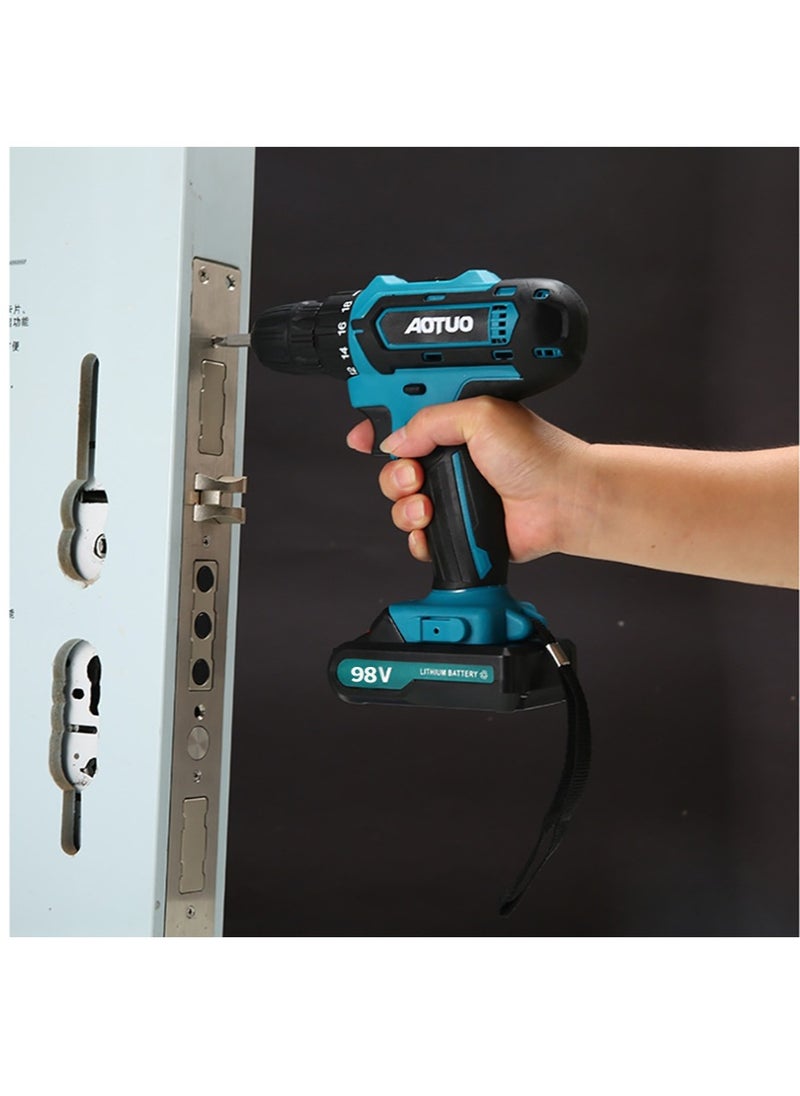 AOTUO - 98V cordless drill, two lithium-ion batteries and fast charger, 3/8-inch drill kit, 25+ 3-position clutch, LED work light, variable speed drill, 256 pounds of torque, 24 accessories - Image 1