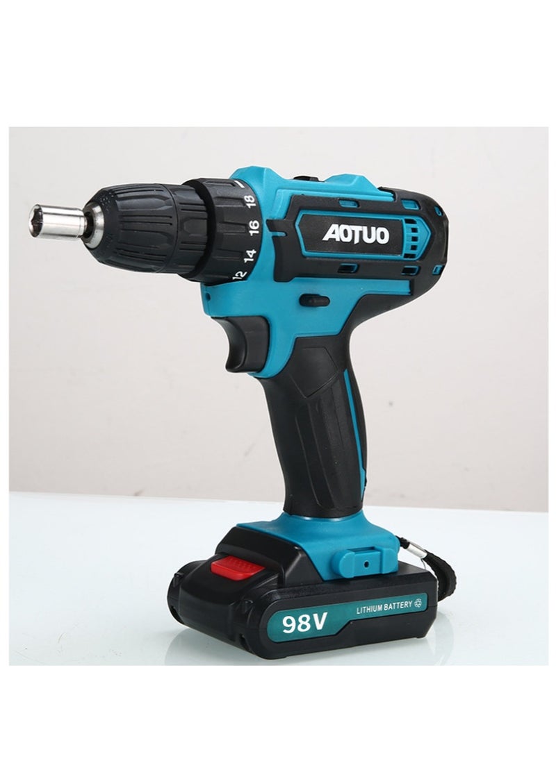 AOTUO - 98V cordless drill, two lithium-ion batteries and fast charger, 3/8-inch drill kit, 25+ 3-position clutch, LED work light, variable speed drill, 256 pounds of torque, 24 accessories - Image 1