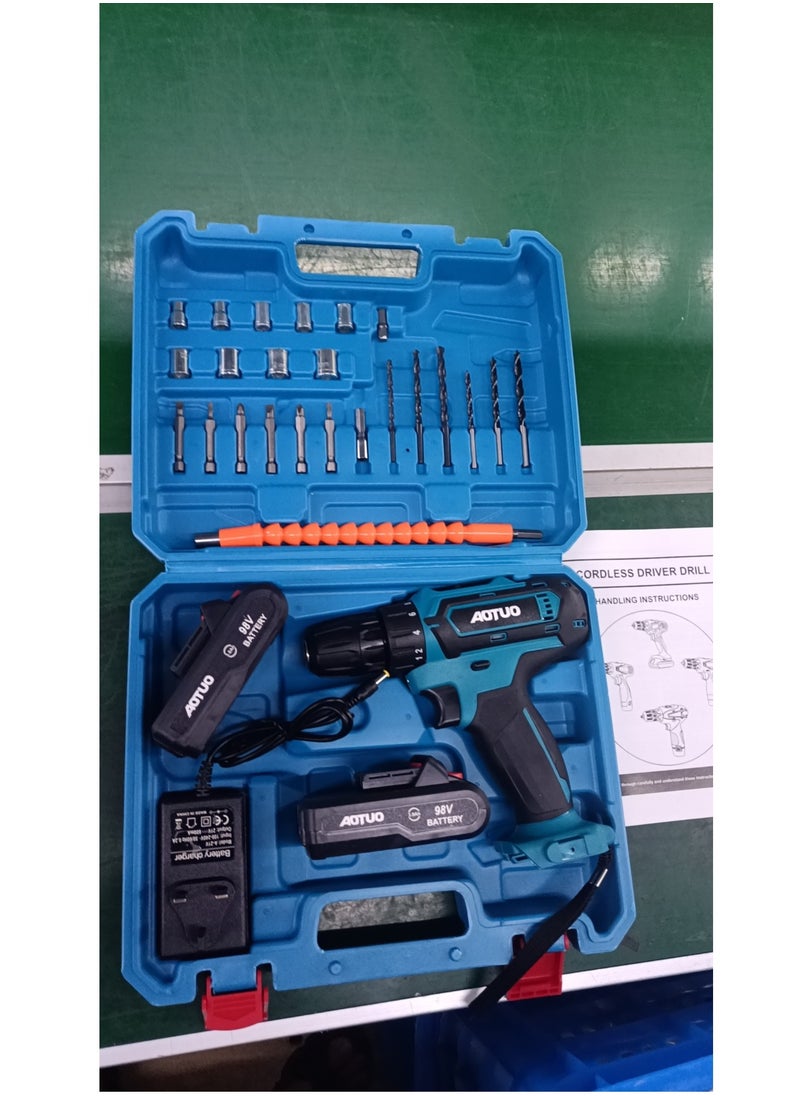 AOTUO - 98V cordless drill, two lithium-ion batteries and fast charger, 3/8-inch drill kit, 25+ 3-position clutch, LED work light, variable speed drill, 256 pounds of torque, 24 accessories - Image 1