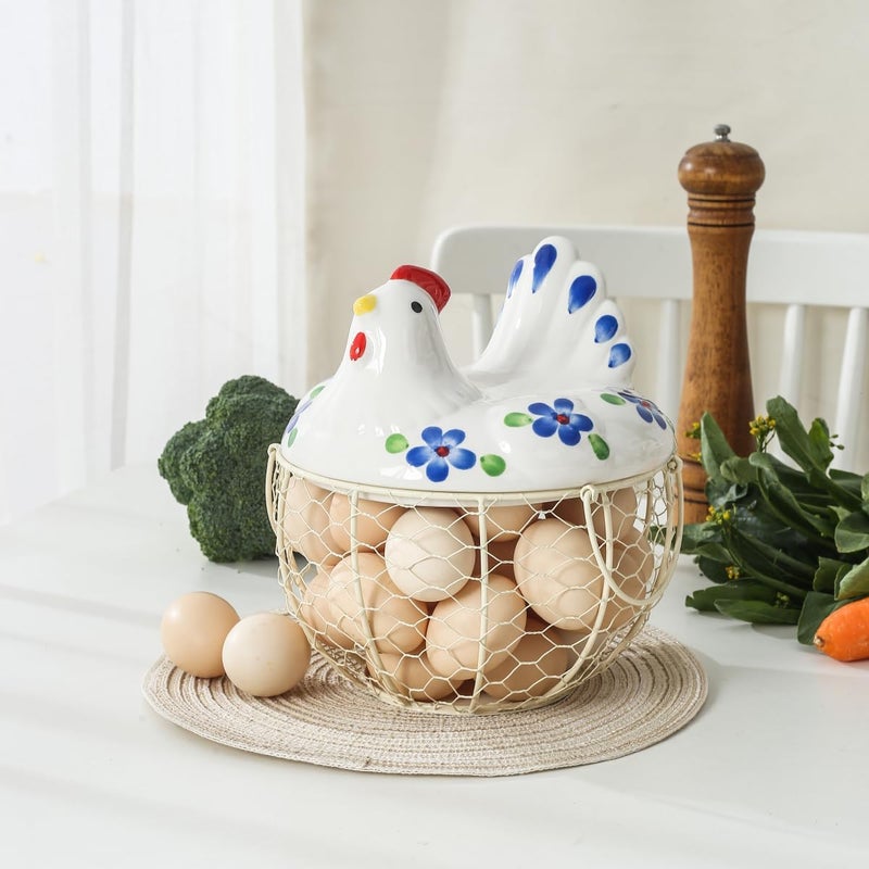 oskas Decorative Egg Basket for Counter,Ceramic Chicken Lid with Wire Basket, Holds 20-25 Eggs - Image 2