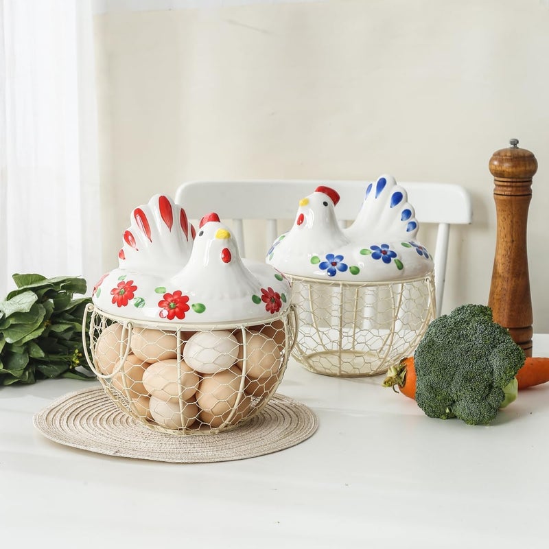 oskas Decorative Egg Basket for Counter,Ceramic Chicken Lid with Wire Basket, Holds 20-25 Eggs - Image 5