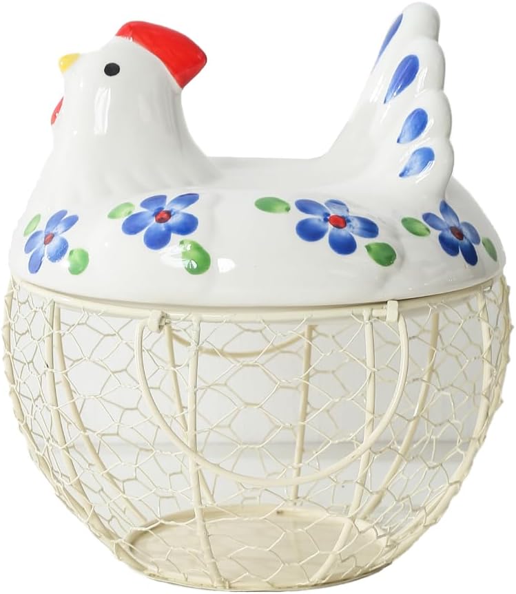 oskas Decorative Egg Basket for Counter,Ceramic Chicken Lid with Wire Basket, Holds 20-25 Eggs - Image 1