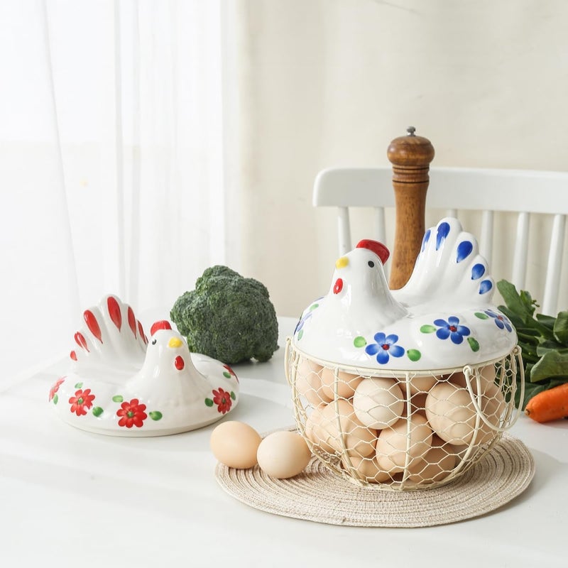 oskas Decorative Egg Basket for Counter,Ceramic Chicken Lid with Wire Basket, Holds 20-25 Eggs - Image 4