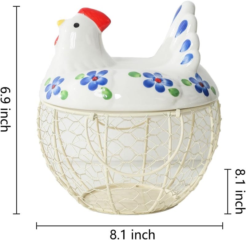 oskas Decorative Egg Basket for Counter,Ceramic Chicken Lid with Wire Basket, Holds 20-25 Eggs - Image 3
