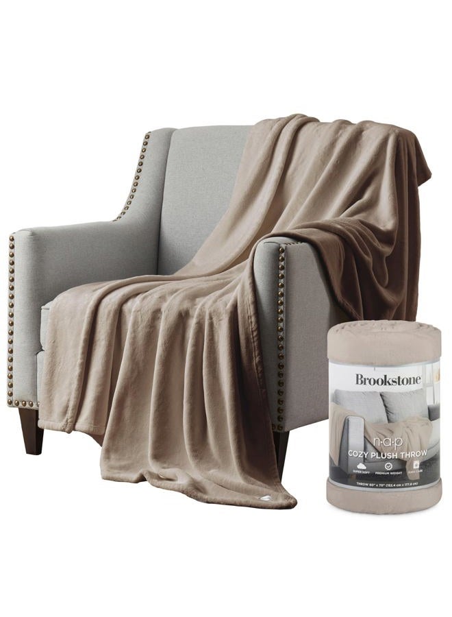 Brookstone Nap Plush Throw Blanket for Couch | Warm & Super Soft Blanket with Unmatched Heavy, Dense, and Ultra-Comfy Throw | Luxurious Drape, Cozying Up on a Sofa, Chair | Taupe - Image 1