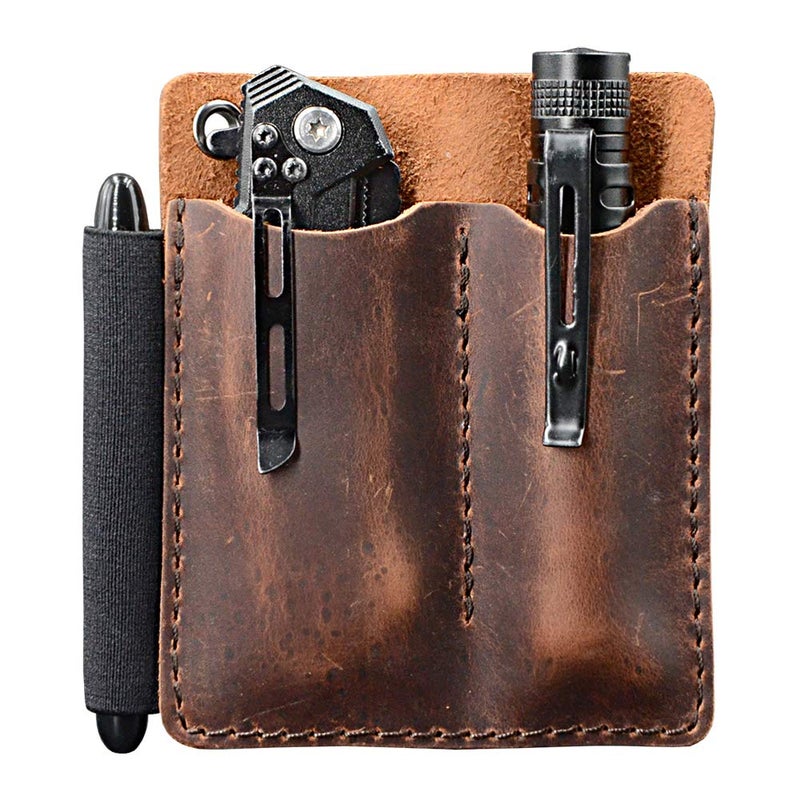 EDC Leather Pocket Organizer Pocket Slip Pocket Knife Pouch EDC Carrier with Pen Loop Everyday Carry Organizers Full Grain Leather Chestnut