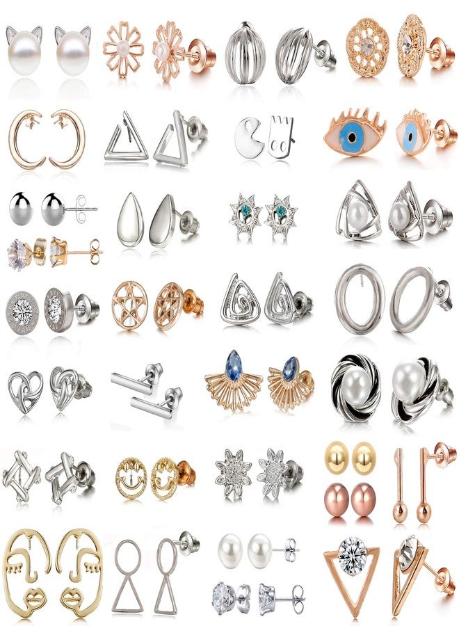 Tamhoo 32 Pairs Assorted Stainless Steel Stud Earrings for -s Women Women-Cute Animal Faux Pearl Cat Elephant Sun Moon Star CZ Twise Heart Geometric Pattern Small Statement Bar Stud Earring Set (#2) - Image 1
