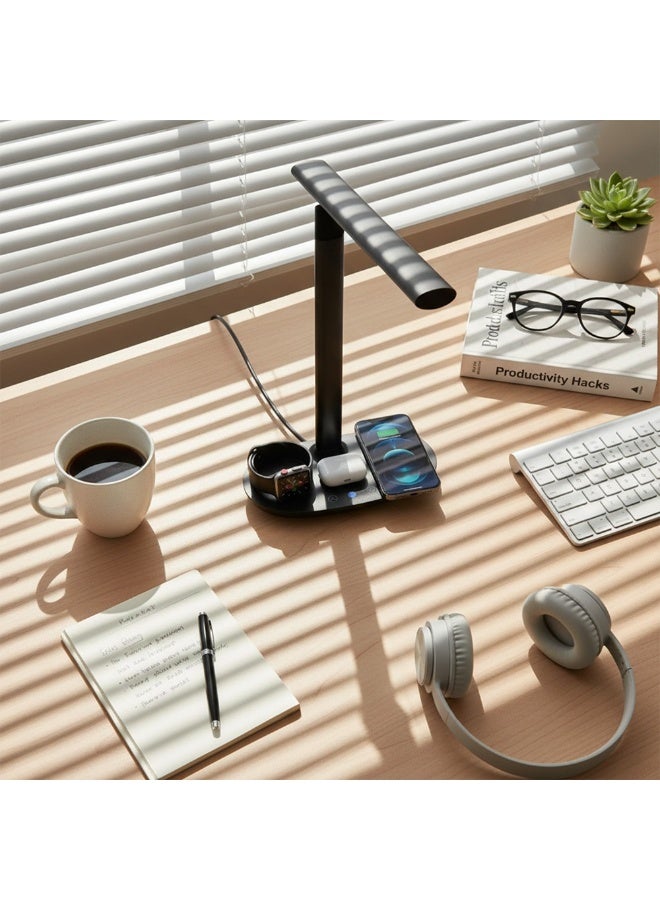 Wireless Charging Station with LED Desk Lamp –5-in-1 Wireless Charger for Phone, Watch & Earbuds – 3 Brightness Levels – Modern Desk Organizer - Image 5