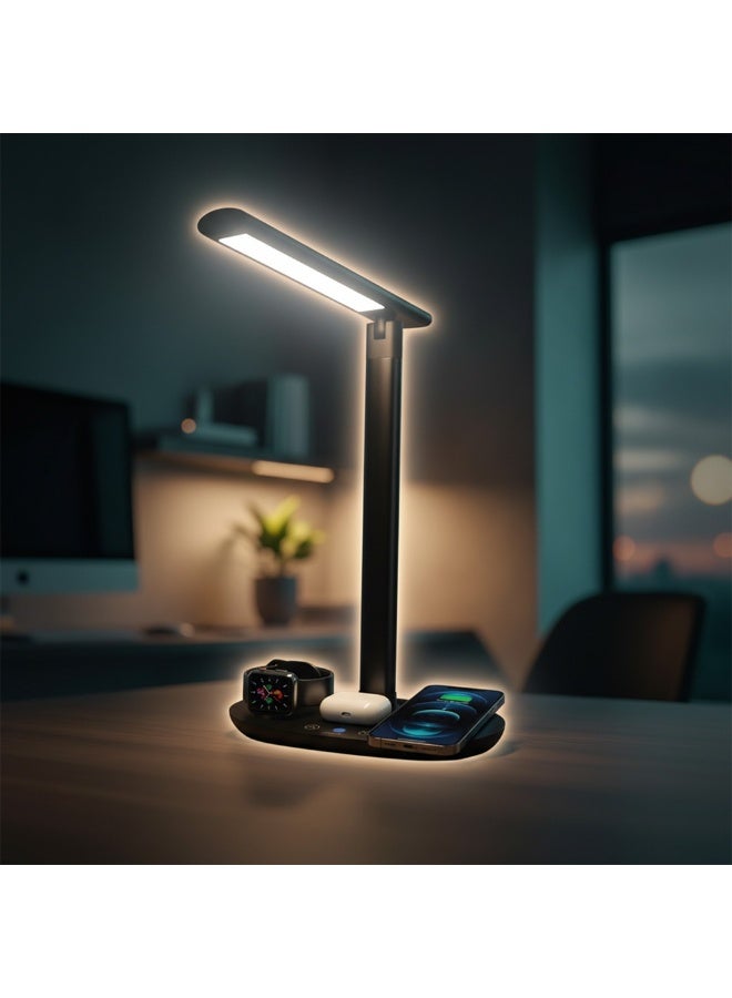 Wireless Charging Station with LED Desk Lamp –5-in-1 Wireless Charger for Phone, Watch & Earbuds – 3 Brightness Levels – Modern Desk Organizer - Image 1
