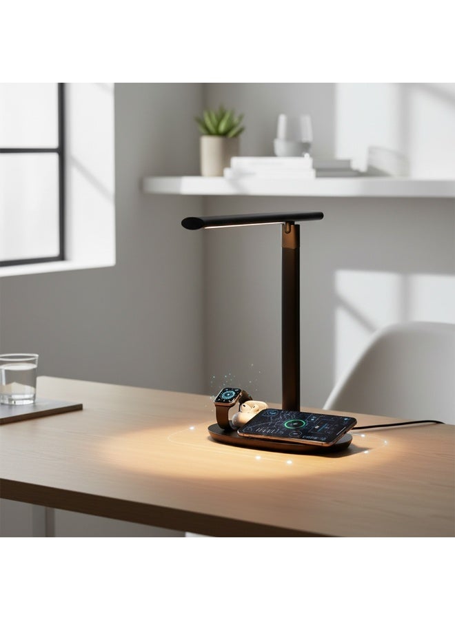 Wireless Charging Station with LED Desk Lamp –5-in-1 Wireless Charger for Phone, Watch & Earbuds – 3 Brightness Levels – Modern Desk Organizer - Image 2