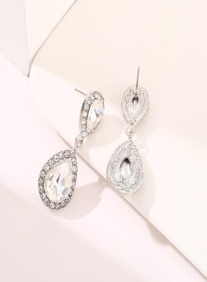 WanBigVa Teardrop Wedding Earrings for Brides Birdesmaids Vintage Clear Rhinestone Tear drop Dangle Earrings Dangling Drop Earrings Fancy White Crystal Chandelier Earrings for Women - Image 4