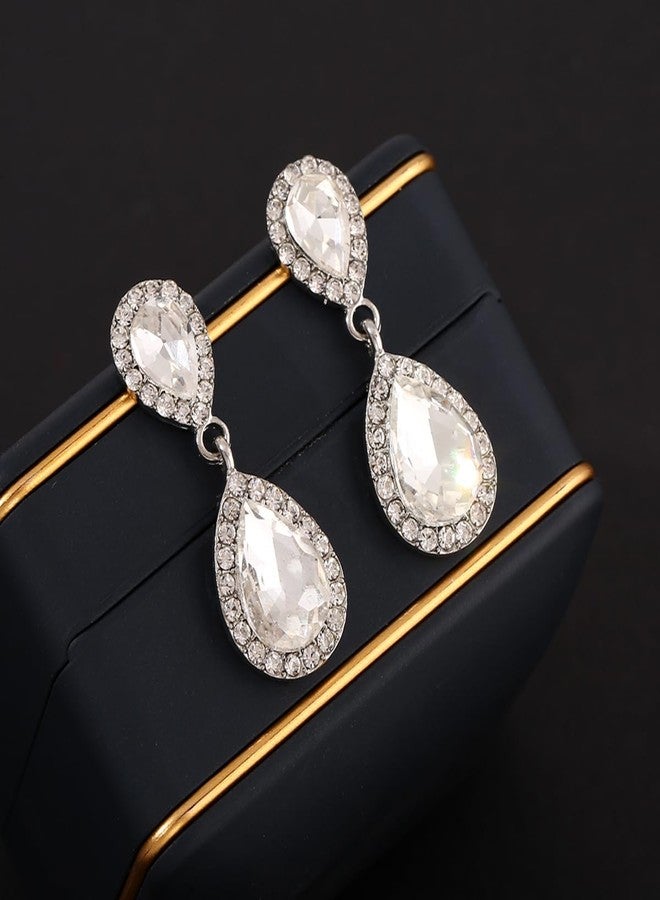 WanBigVa Teardrop Wedding Earrings for Brides Birdesmaids Vintage Clear Rhinestone Tear drop Dangle Earrings Dangling Drop Earrings Fancy White Crystal Chandelier Earrings for Women - Image 2