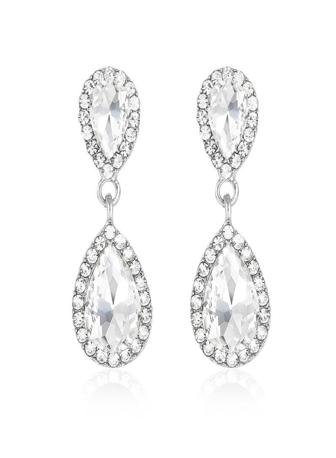 WanBigVa Teardrop Wedding Earrings for Brides Birdesmaids Vintage Clear Rhinestone Tear drop Dangle Earrings Dangling Drop Earrings Fancy White Crystal Chandelier Earrings for Women - Image 1