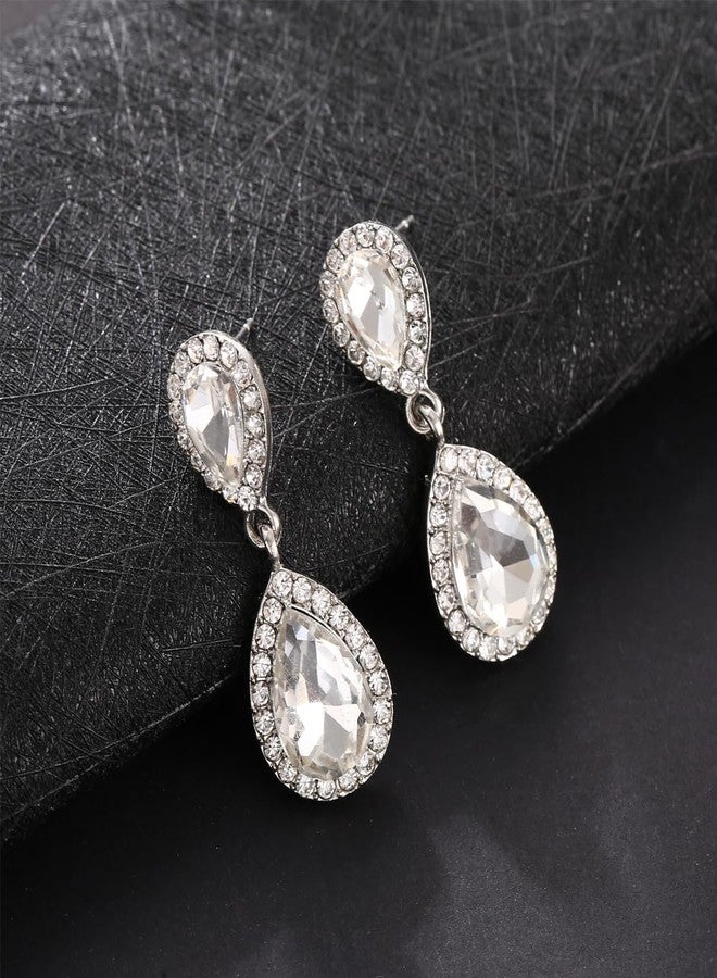 WanBigVa Teardrop Wedding Earrings for Brides Birdesmaids Vintage Clear Rhinestone Tear drop Dangle Earrings Dangling Drop Earrings Fancy White Crystal Chandelier Earrings for Women - Image 3