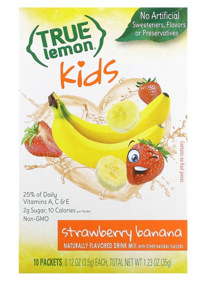 مزيج مشروب الأطفال True Lemon بنكهة الفراولة والموز 10 عبوات 0.12 أونصة (3.5 جرام) لكل منها
