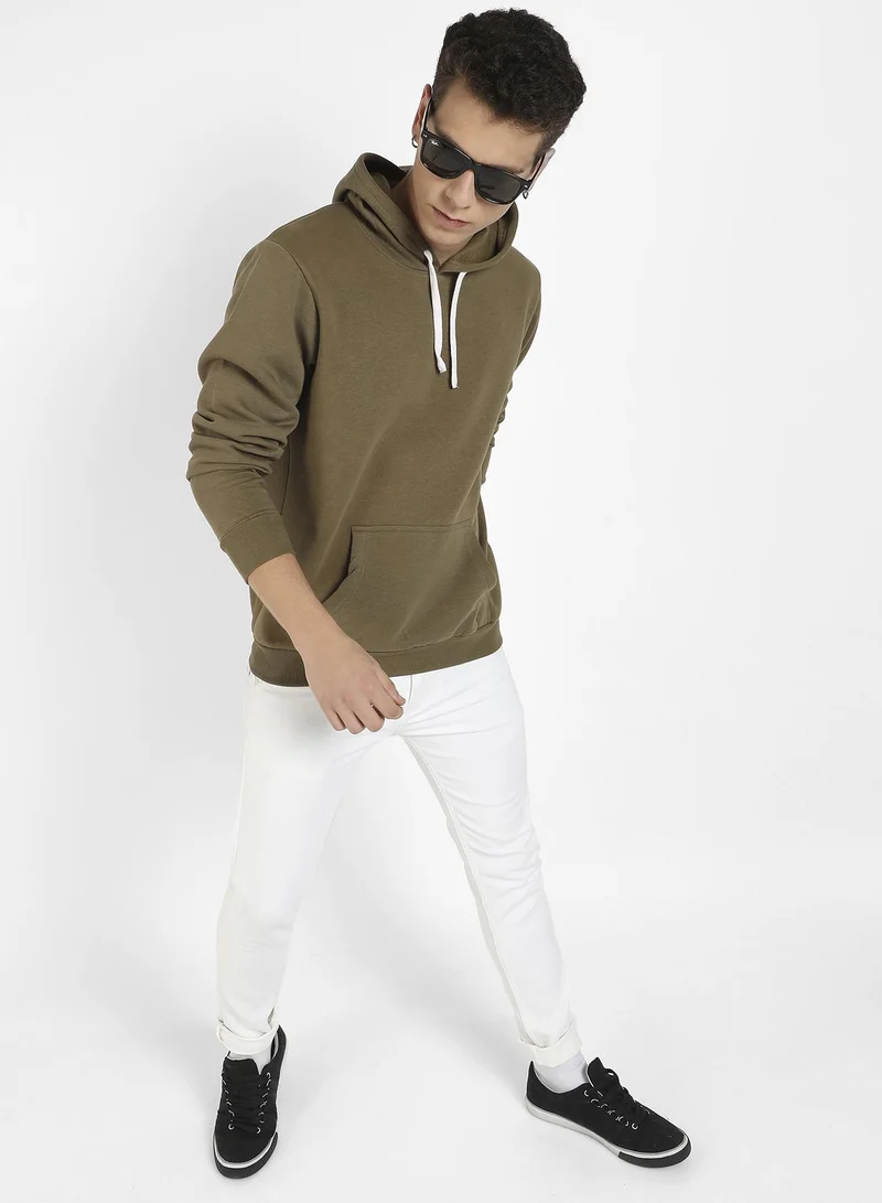 Campus Sutra Men's Olive Green Pullover Hoodie With Contrast Drawstring