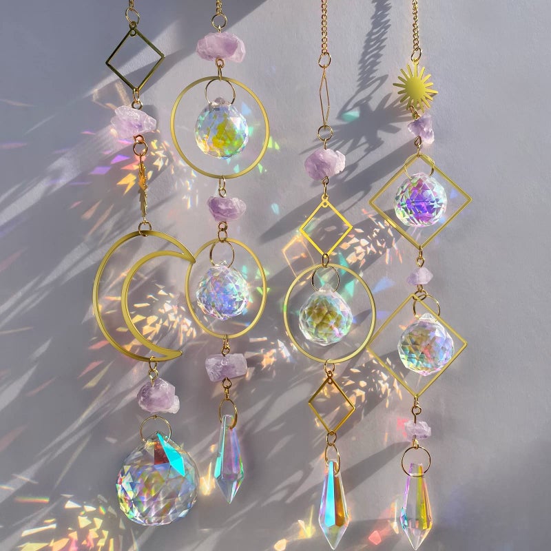 FIVOENDAR Crystal Suncatcher Rainbow Maker Hanging Prism Ornament Pendant Home Garden Car Decoration 4 Pack Gift Kit Sun Catchers Indoor Window 138 Inch 